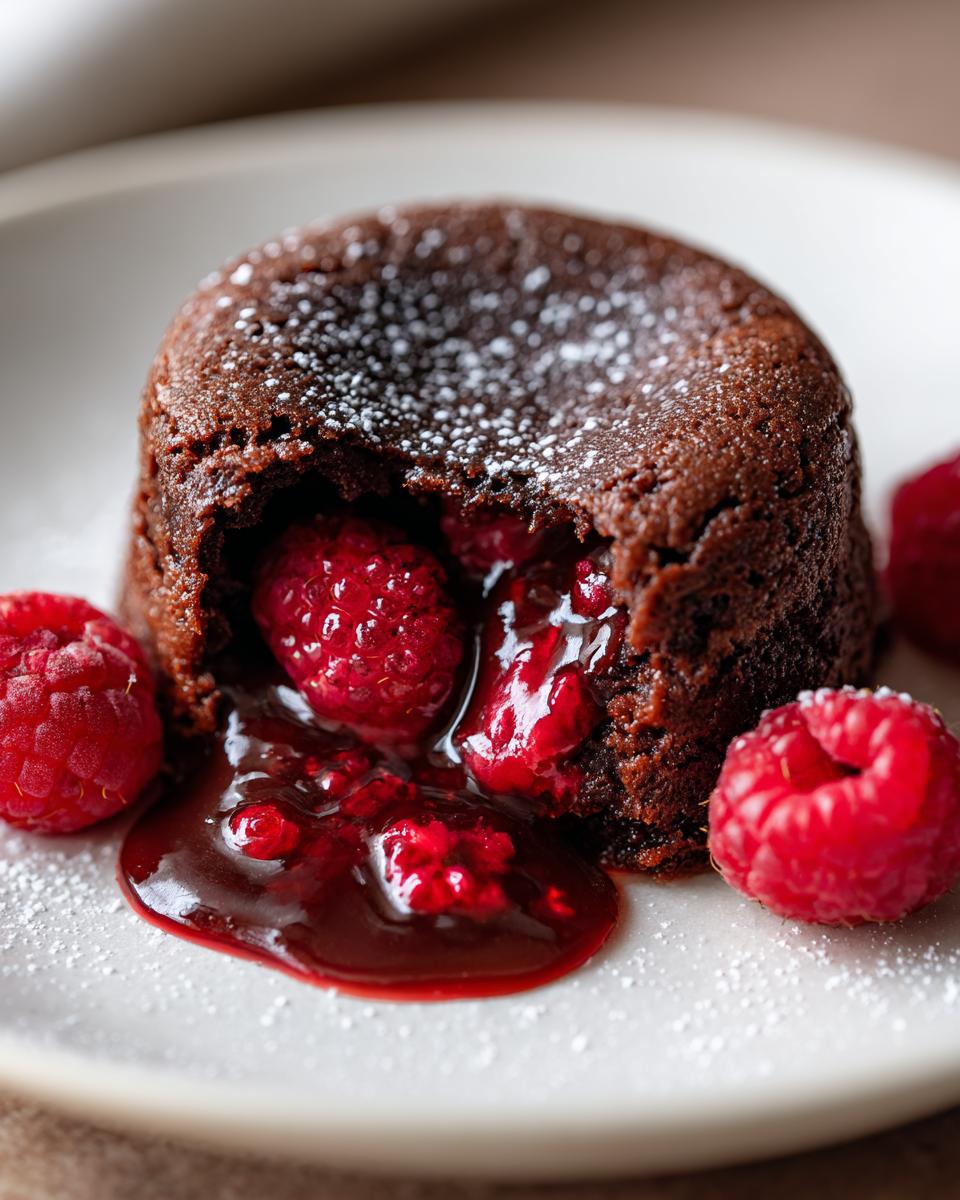 Close-up of a rich Chocolate Raspberry Lava Cake oozing with warm raspberry filling, dusted with powdered sugar.