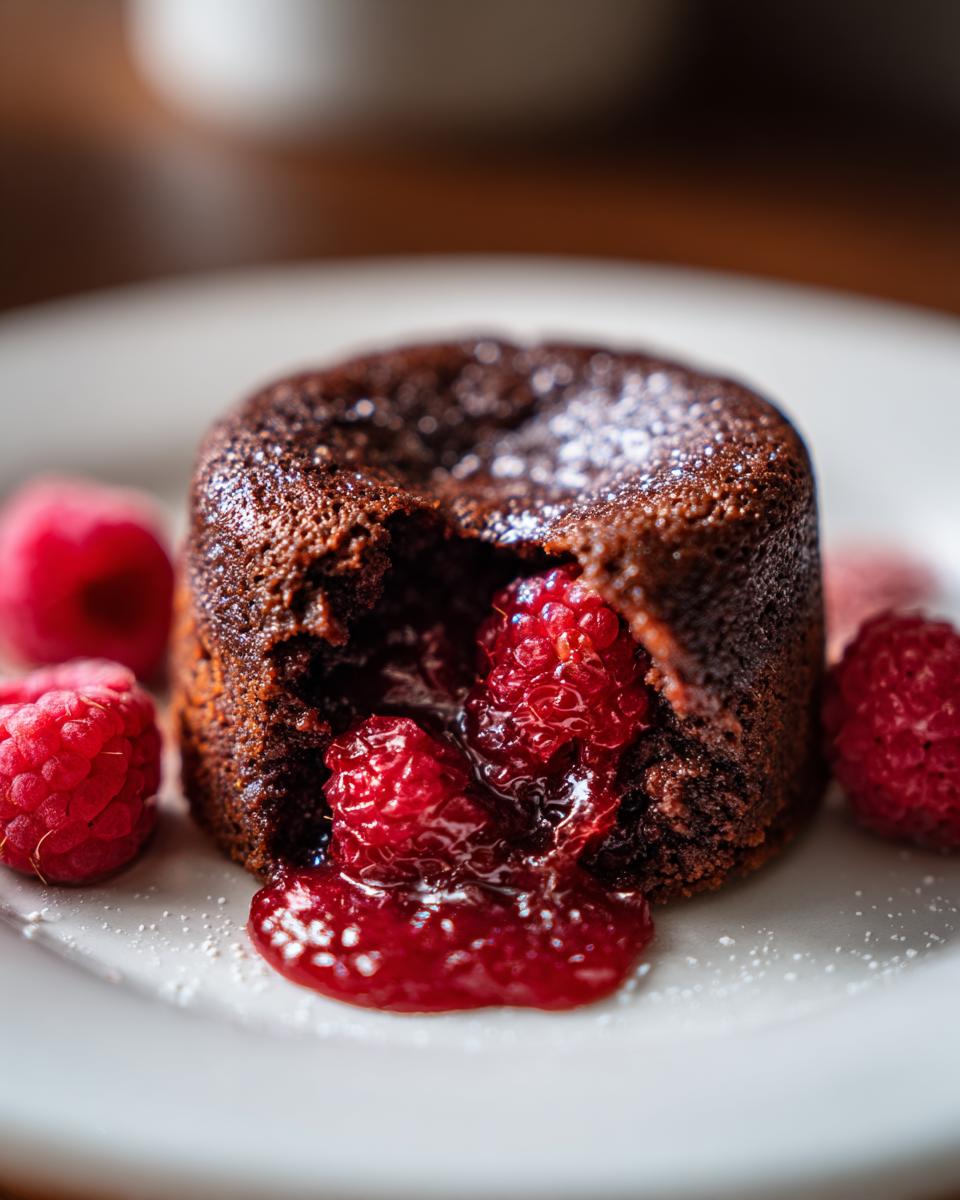A rich Chocolate Raspberry Lava Cake with molten raspberry filling oozing out, dusted with powdered sugar and fresh raspberries.