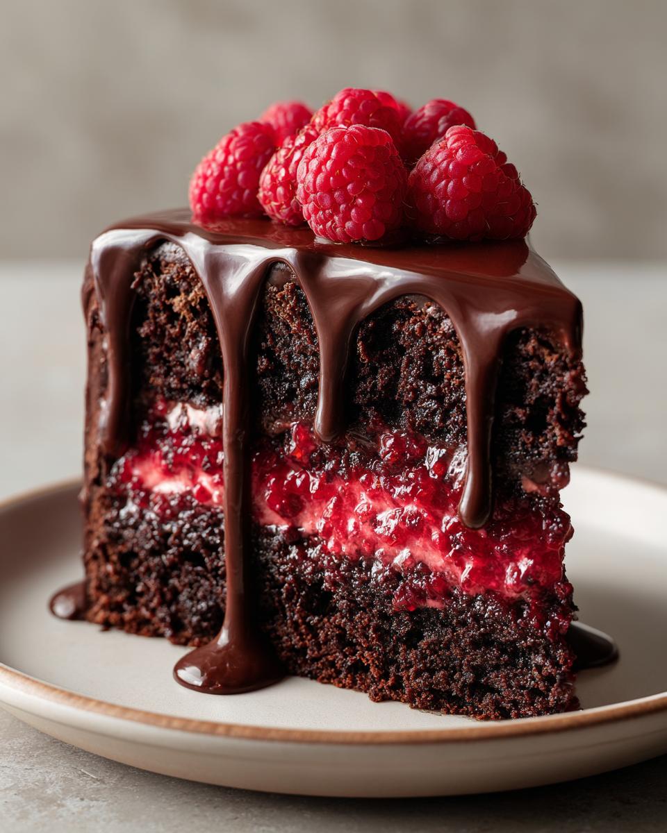 A slice of rich Chocolate Raspberry Truffle Cake, topped with fresh raspberries and dripping chocolate ganache.