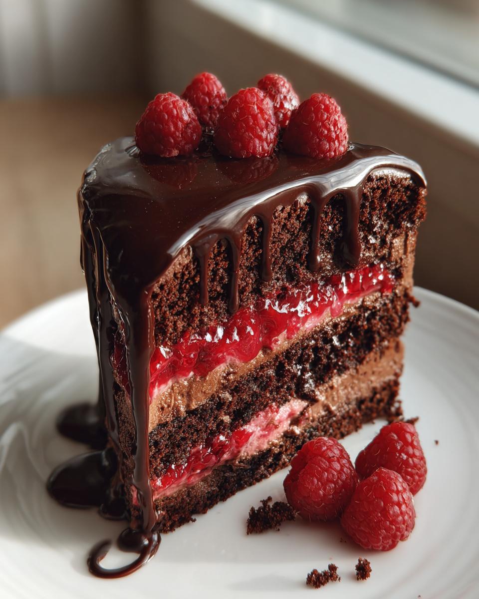 A slice of decadent Chocolate Raspberry Truffle Cake, topped with fresh raspberries and rich chocolate ganache.