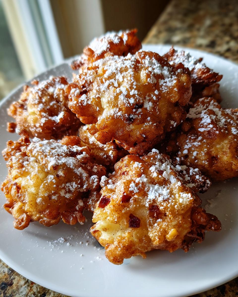 A pile of golden-brown Cinnamon Apple Fritters dusted with powdered sugar on a white plate.
