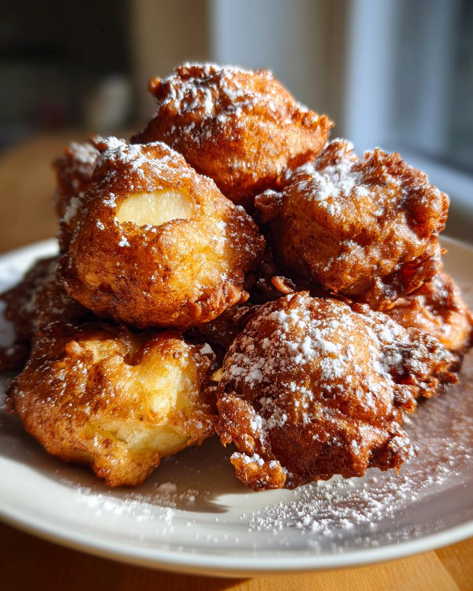 A close-up shot of a pile of golden-brown Cinnamon Apple Fritters dusted with powdered sugar on a white plate.