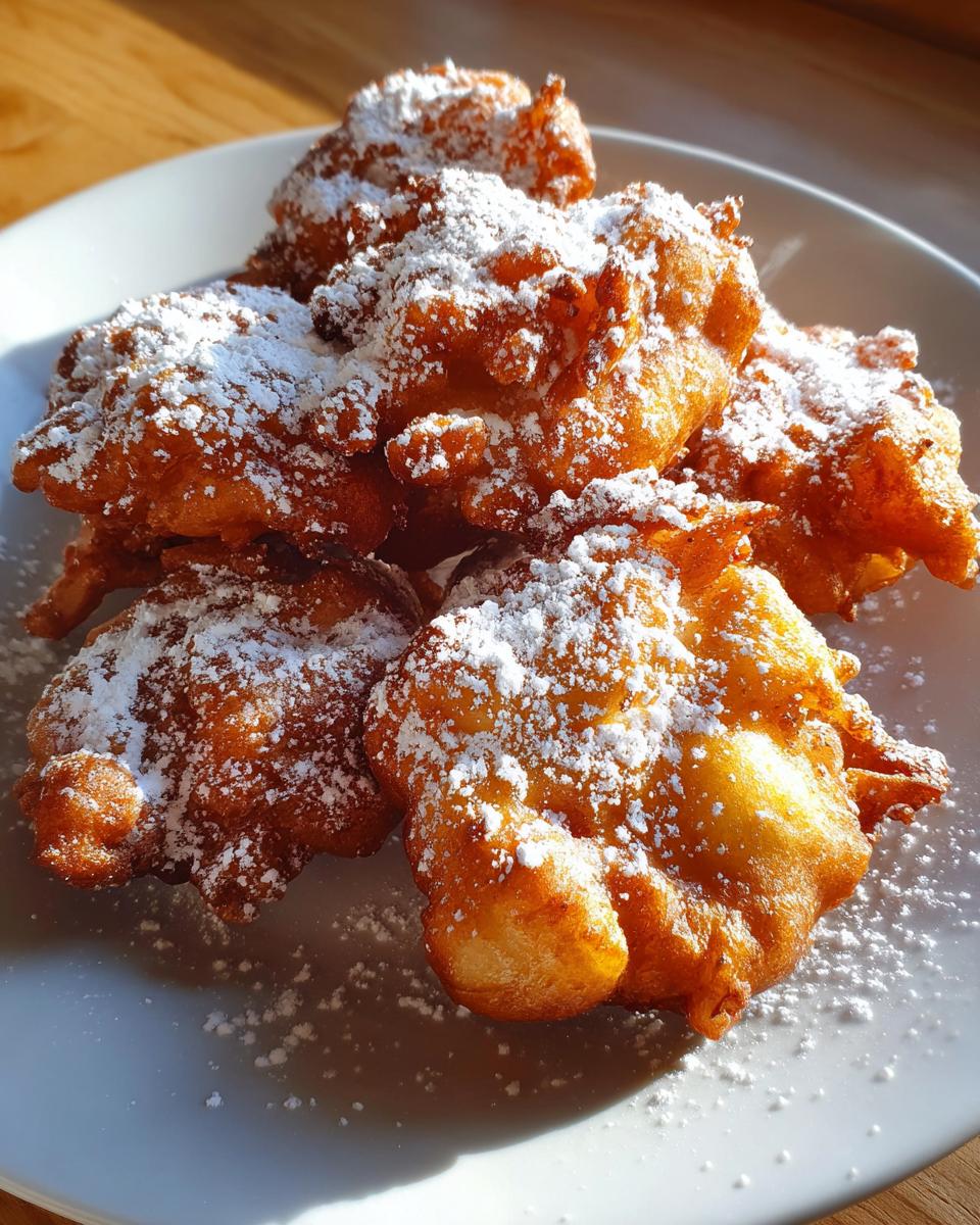 A close-up of golden brown Cinnamon Apple Fritters dusted generously with powdered sugar on a white plate.