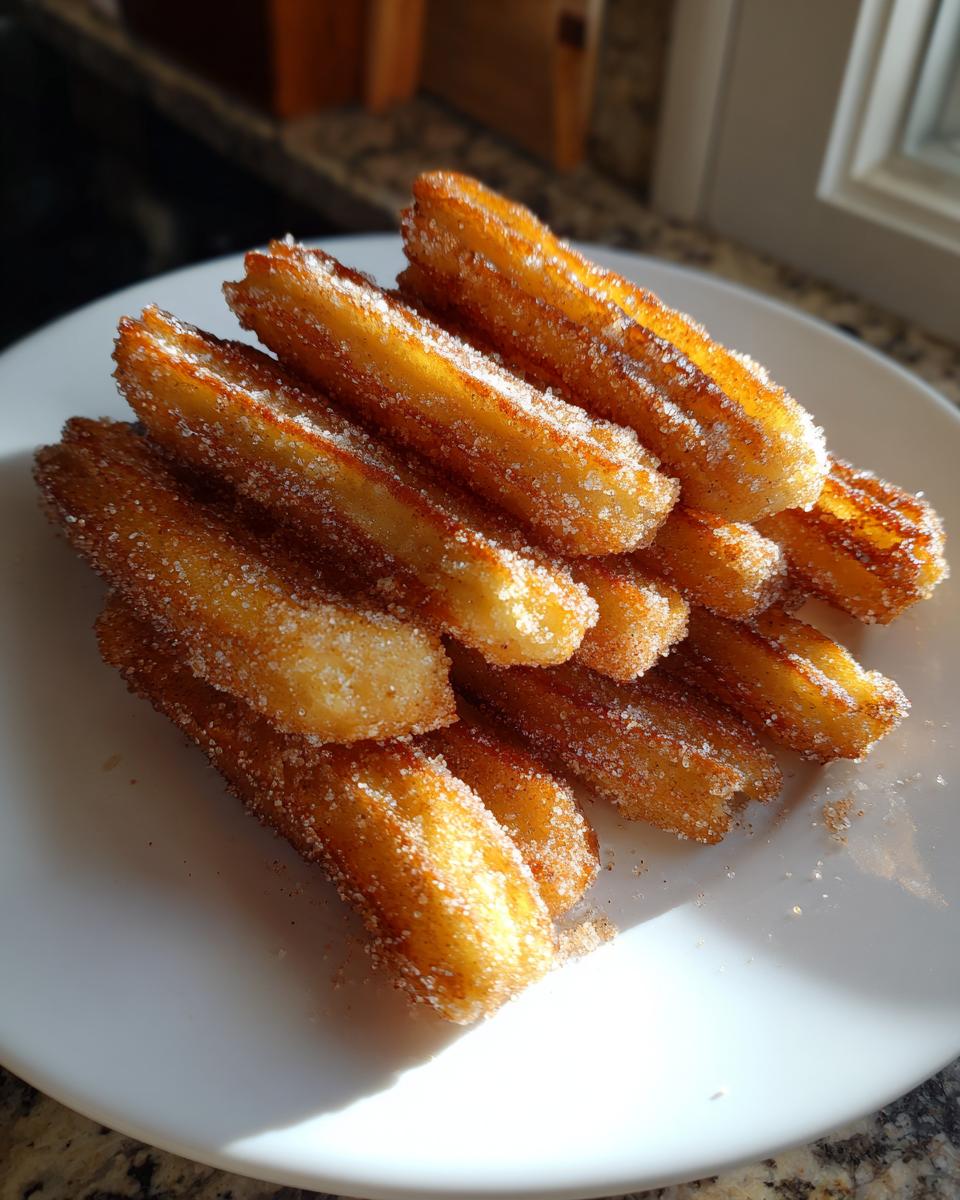 A pile of freshly fried Cinnamon Sugar Churros, coated in a glistening cinnamon sugar mixture, on a white plate.
