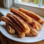A close-up of a pile of freshly made Cinnamon Sugar Churros, coated in sparkling sugar and cinnamon.