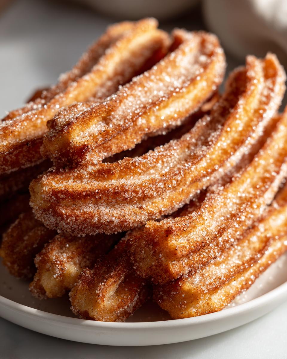 A close-up, angled view of a stack of freshly made Cinnamon Sugar Churros on a white plate.