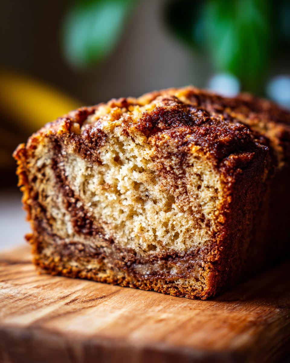 A close-up of a slice of Cinnamon Swirl Banana Bread on a wooden board, showcasing the moist crumb and cinnamon swirls.