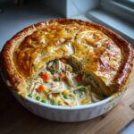 A close-up of a Classic Chicken Pot Pie with puff pastry crust, revealing tender chicken and vegetables in a creamy sauce.