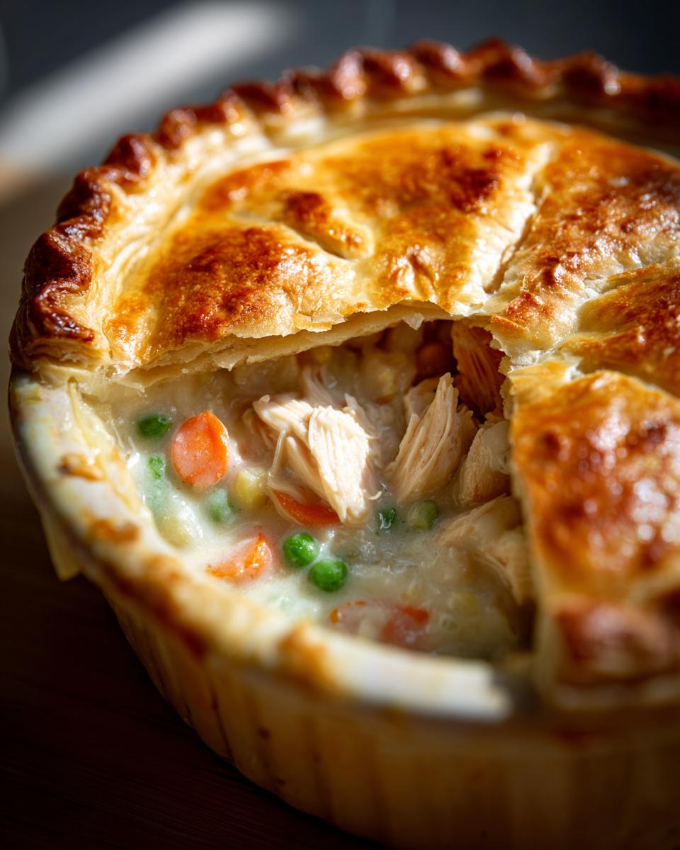 A close-up of a Classic Chicken Pot Pie with puff pastry crust, revealing shredded chicken, peas, and carrots in a creamy sauce.