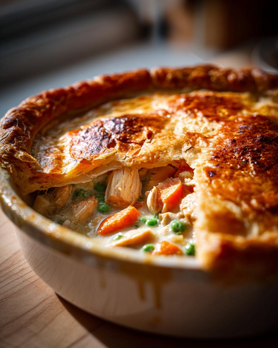 A close-up of a Classic Chicken Pot Pie with puff pastry crust, revealing tender chicken, carrots, and peas in a creamy sauce.