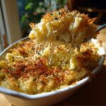 A spoonful of Classic Macaroni and Cheese Bake showing a delicious cheese pull, topped with breadcrumbs and herbs.