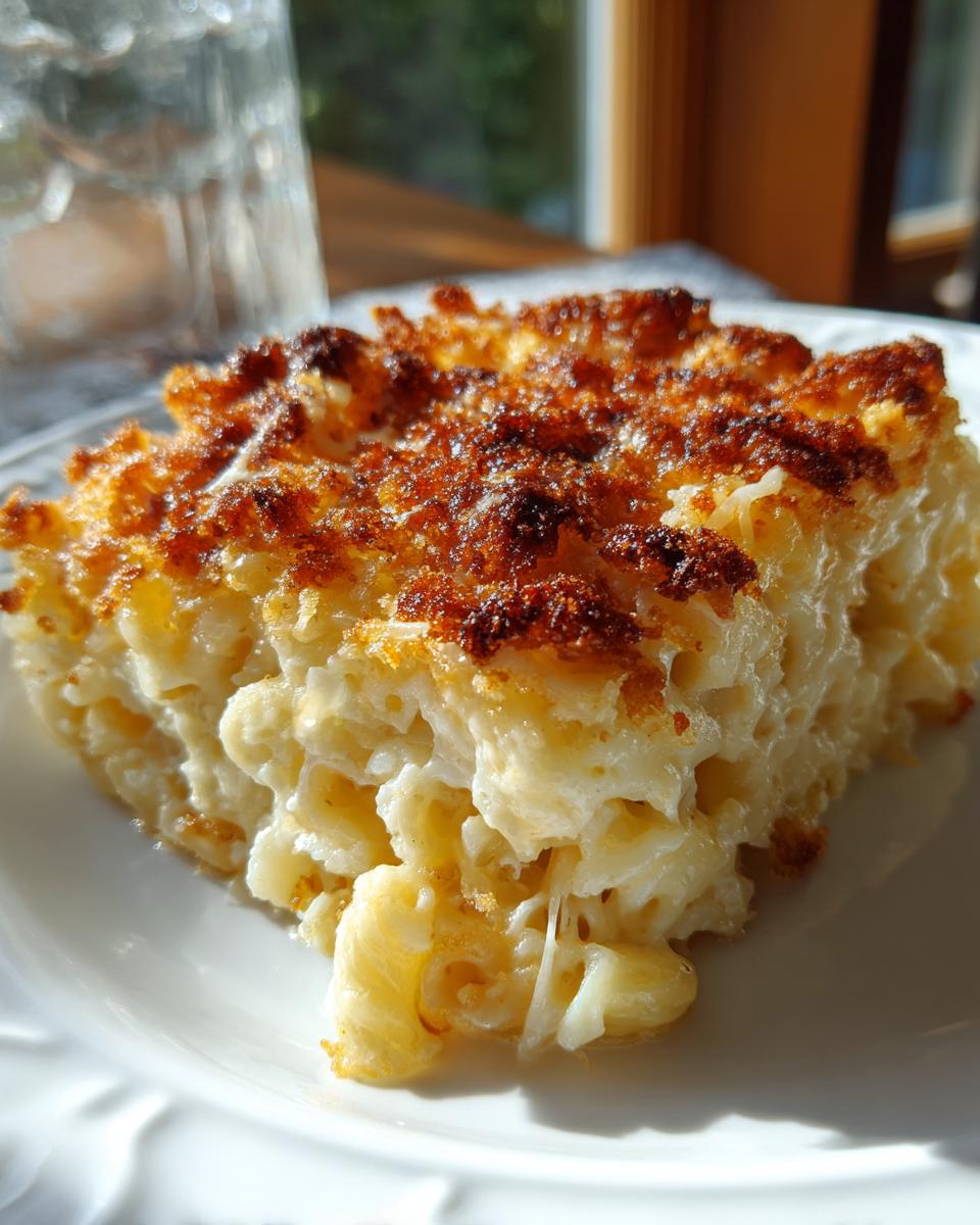 A generous slice of Classic Macaroni and Cheese Bake with a golden-brown, crispy topping.