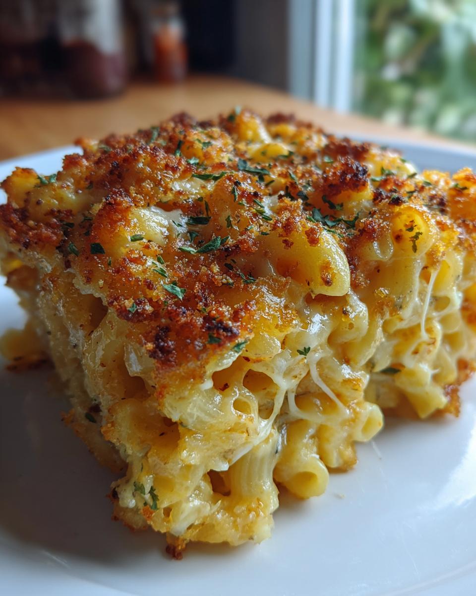 A close-up of a slice of Classic Macaroni and Cheese Bake, showing gooey cheese and a crispy breadcrumb topping.