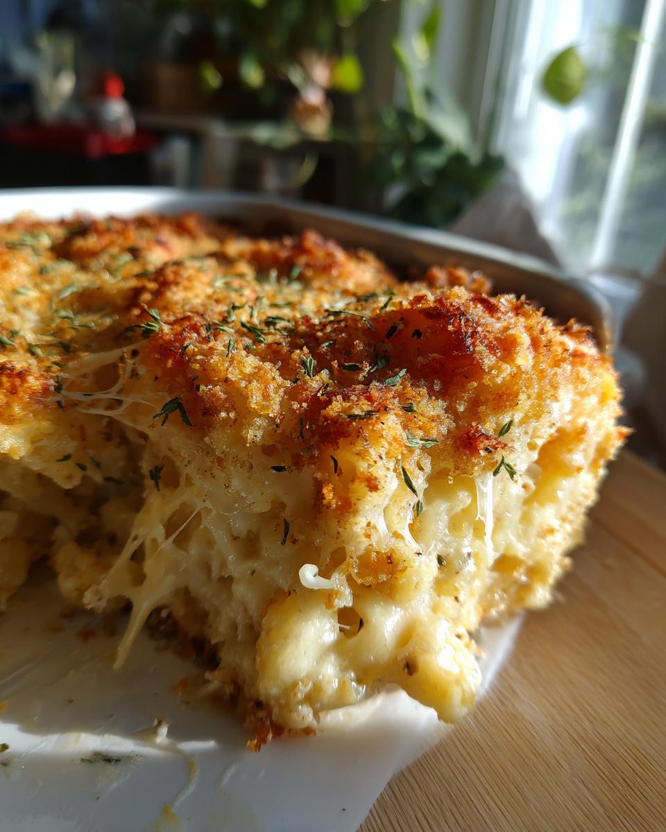 A close-up of a slice of Classic Macaroni and Cheese Bake, showing gooey melted cheese and a crispy breadcrumb topping.