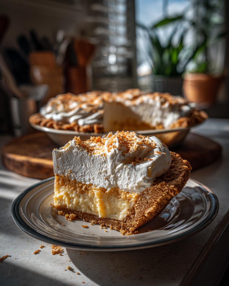 A close-up of a slice of Coconut Cream Pie on a plate, showing layers of creamy filling, whipped cream, and toasted coconut.