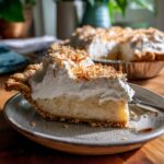 A generous slice of Coconut Cream Pie, topped with whipped cream and toasted coconut flakes, on a speckled plate.
