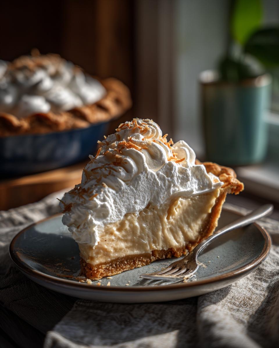 A delicious slice of Coconut Cream Pie, topped with fluffy whipped cream and toasted coconut flakes, on a plate with a fork.