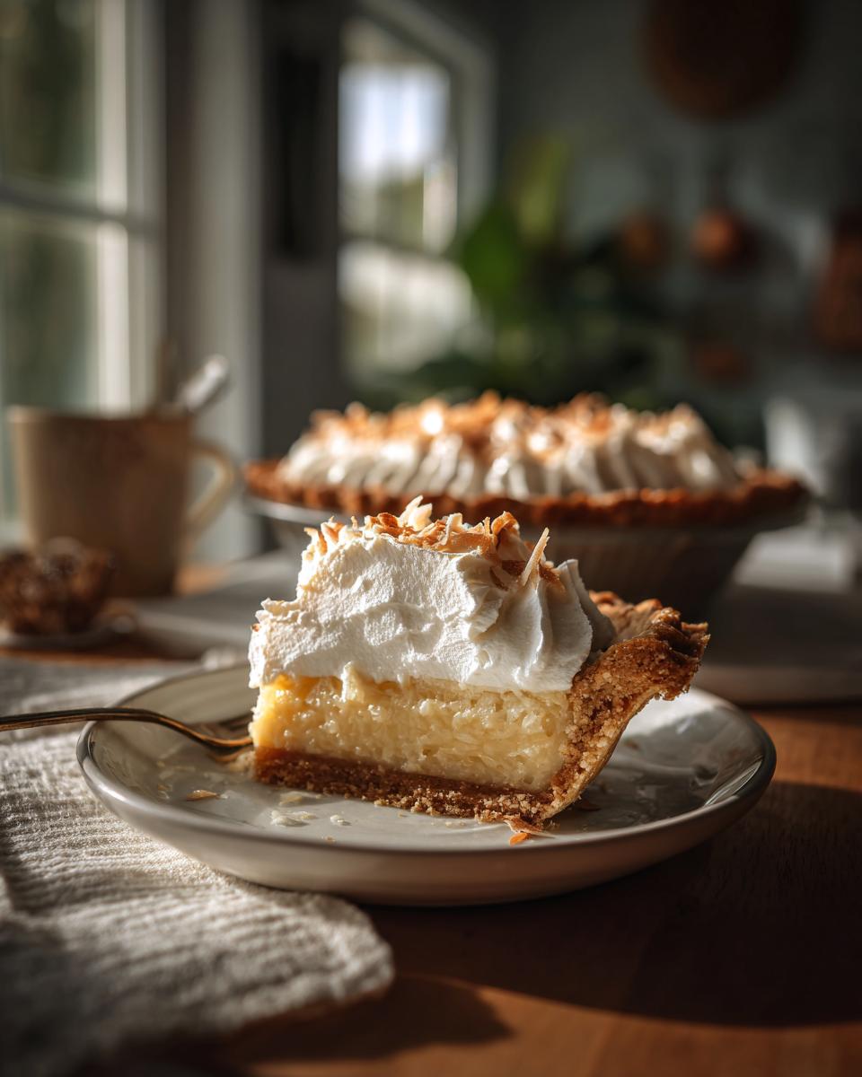 A close-up of a slice of Coconut Cream Pie, topped with whipped cream and toasted coconut flakes.