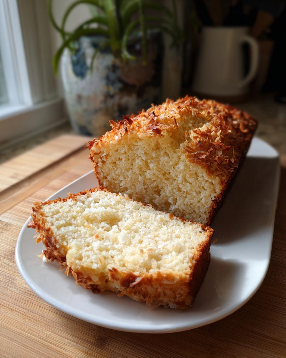 A slice of moist Coconut Macadamia Cake with toasted coconut flakes on top, served on a white plate.