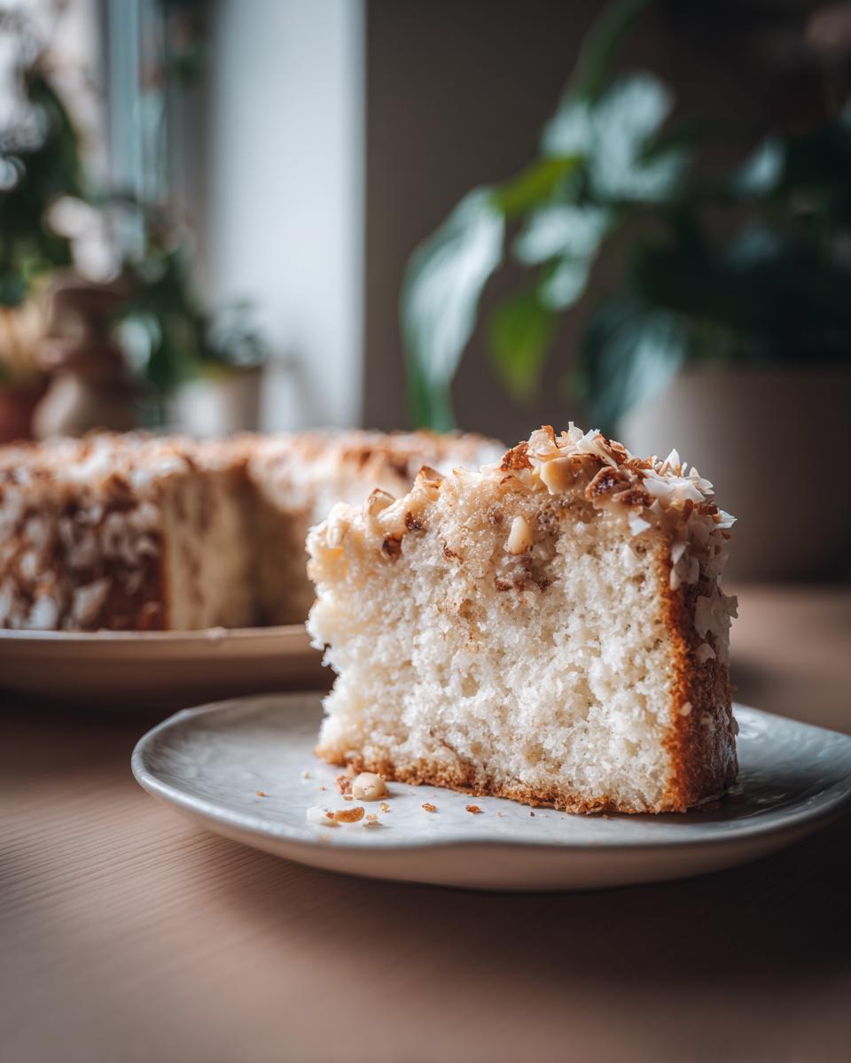 A slice of moist Coconut Macadamia Cake on a plate, topped with toasted coconut flakes and macadamia nuts.