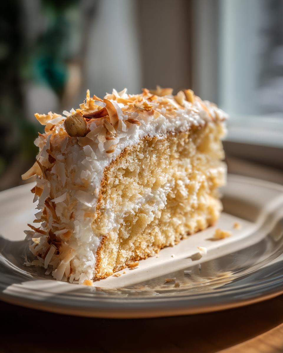 A delicious slice of Coconut Macadamia Cake, topped with white frosting and toasted coconut flakes.