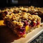 Close-up of a slice of Cranberry Apple Crisp bar on a wooden board, showing the fruit filling and oat topping.