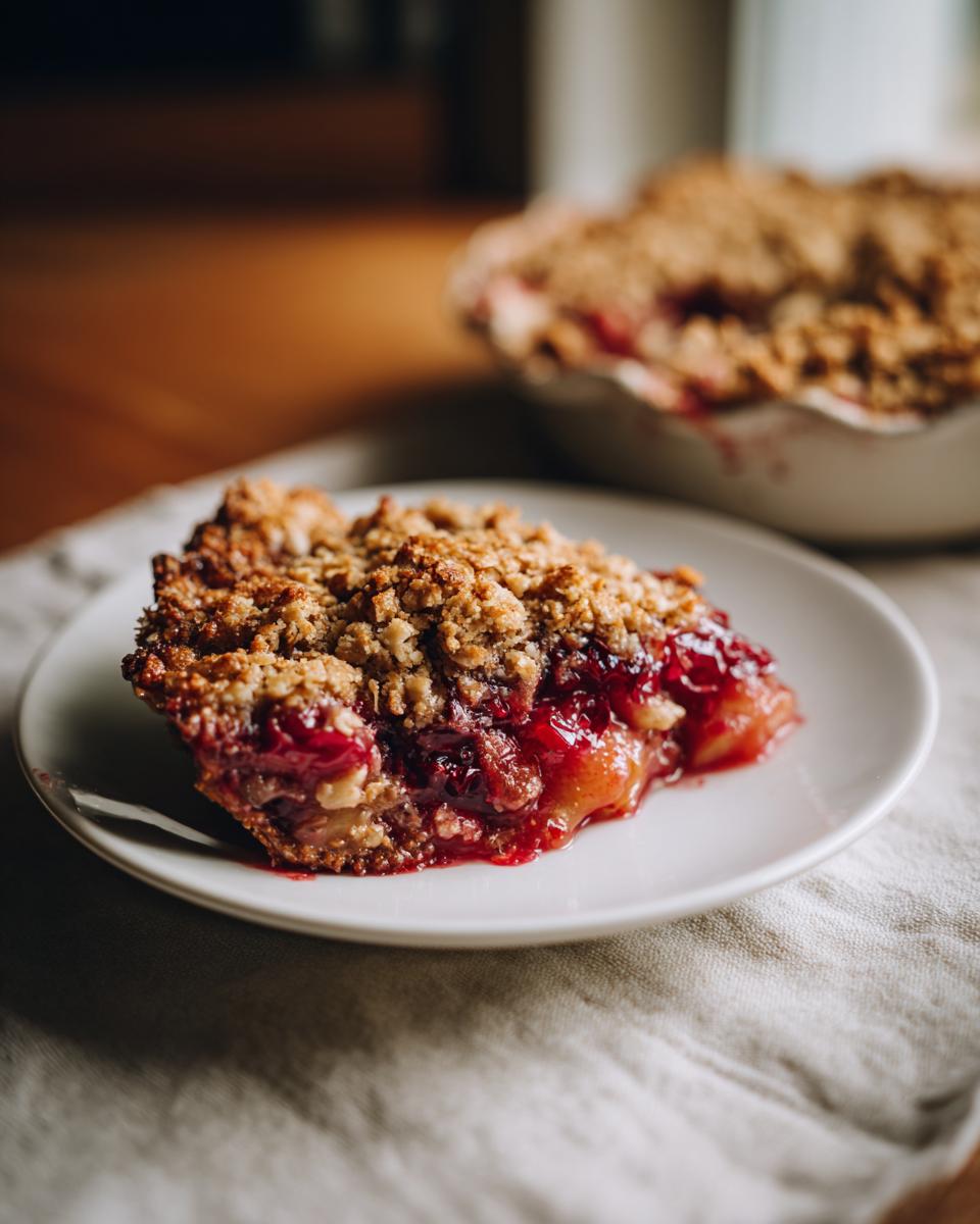 A close-up of a generous slice of Cranberry Apple Crisp on a white plate, showing the juicy fruit filling and crumbly topping.