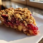 A close-up of a slice of Cranberry Apple Crisp on a white plate, showing the fruit filling and oat topping.