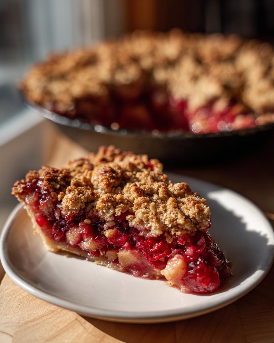 A close-up of a slice of Cranberry Apple Crisp on a white plate, showing the fruit filling and crumb topping.