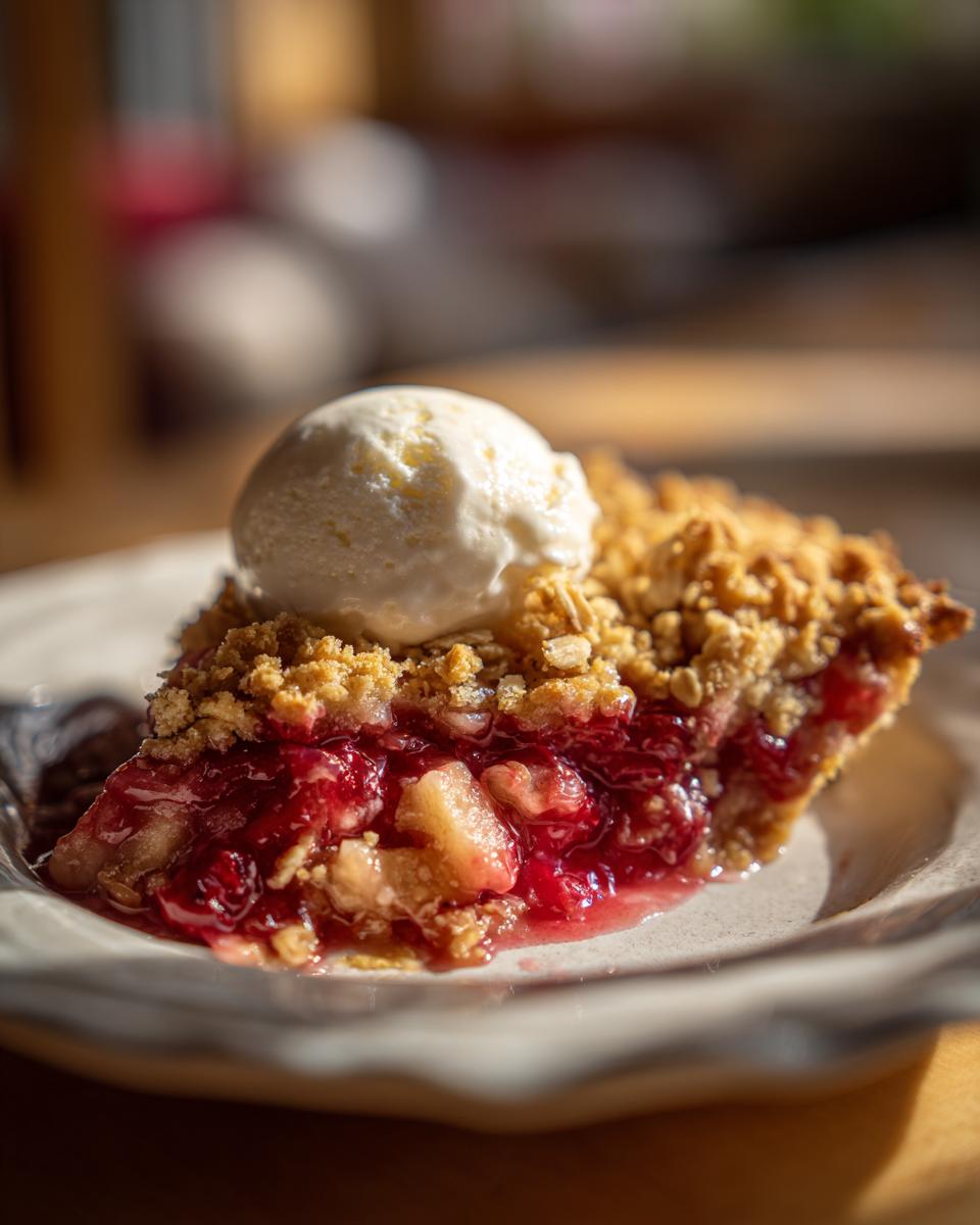 A close-up of a slice of Cranberry Apple Crisp topped with a scoop of vanilla ice cream on a plate.