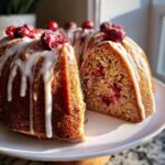 A slice of Cranberry Gingerbread Bundt Cake drizzled with white icing and topped with fresh cranberries.