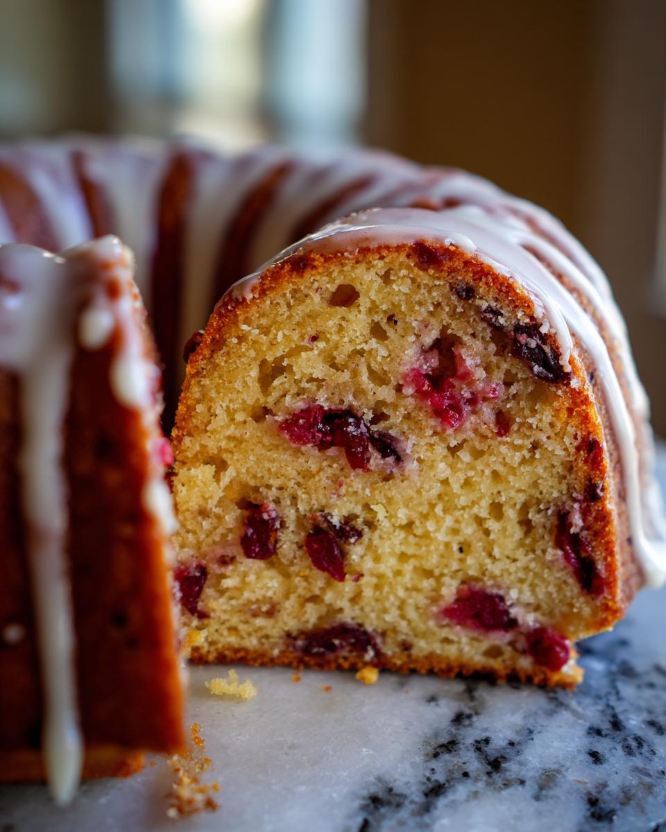 A close-up of a slice of Cranberry Gingerbread Bundt Cake, showing the moist crumb and visible cranberries.