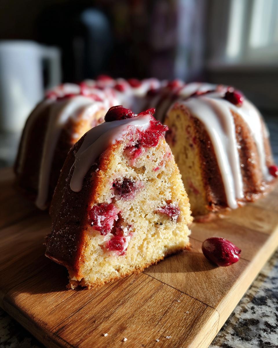 A slice of Cranberry Gingerbread Bundt Cake with white icing and whole cranberries on top, set on a wooden board.
