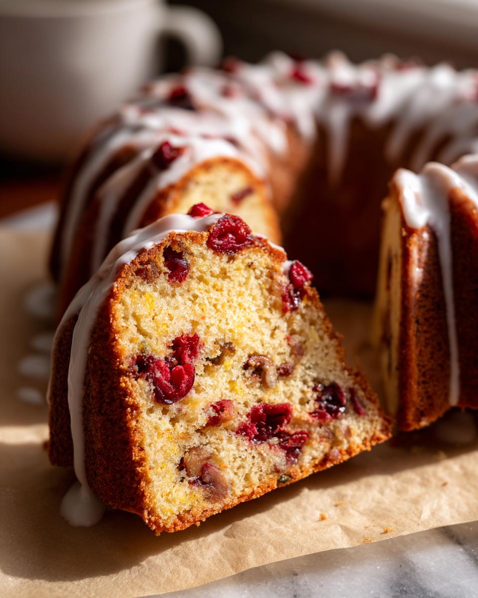 A close-up of a slice of Cranberry Gingerbread Bundt Cake, showing moist crumb, cranberries, and nuts, drizzled with white icing.