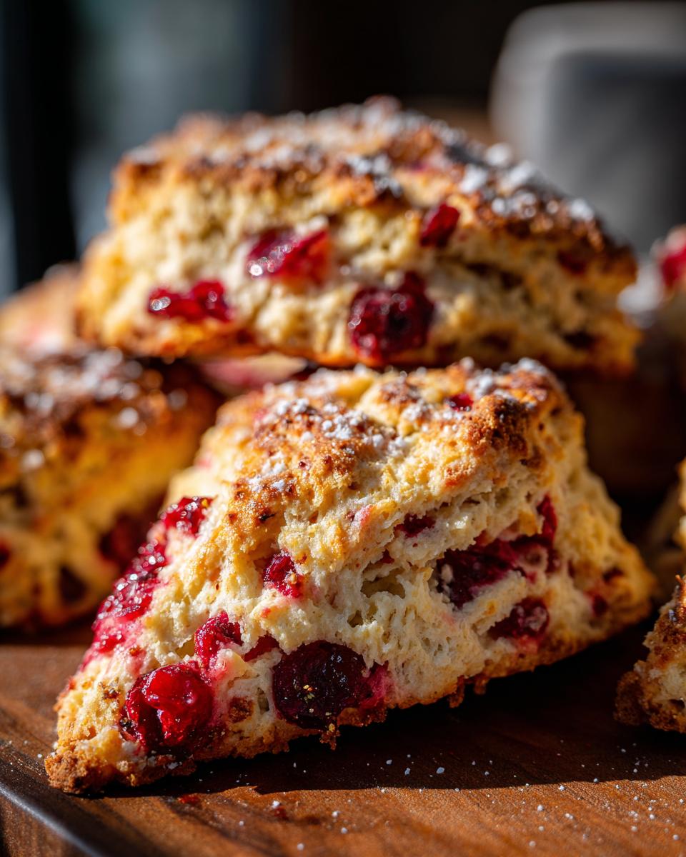 Close-up of flaky Cranberry Orange Scones sprinkled with powdered sugar on a wooden board.