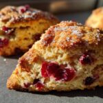 Close-up of a flaky Cranberry Orange Scone, showing visible cranberries and a sparkling sugar topping.