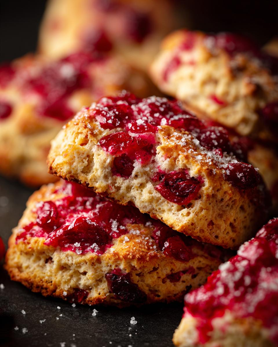 Close-up of flaky Cranberry Orange Scones, generously filled with cranberries and sprinkled with sugar.