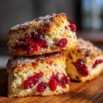 Close-up of stacked Cranberry Orange Scones, showing flaky texture and bright red cranberries, sprinkled with sugar.