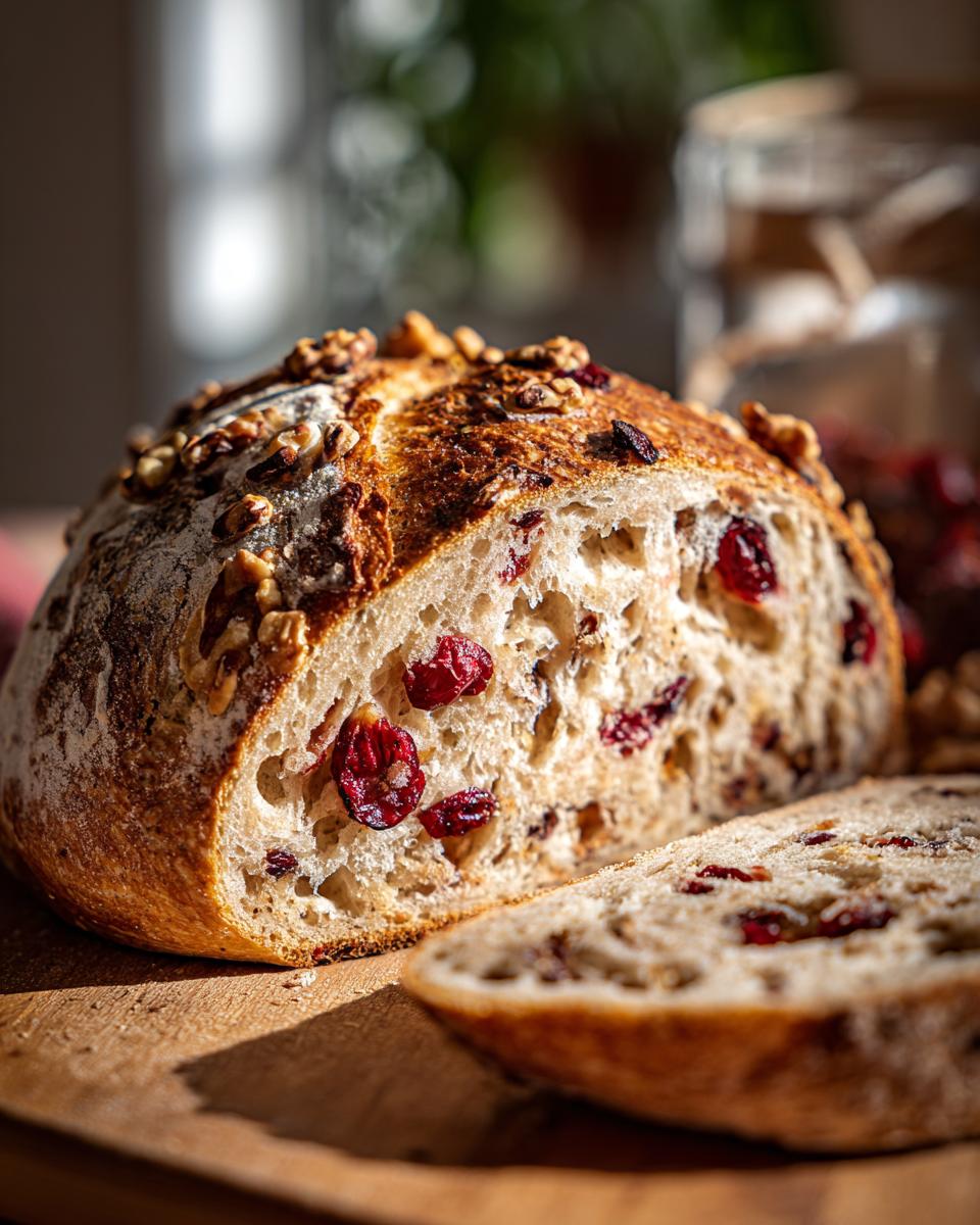 Close-up of a sliced Cranberry Walnut Bread loaf, showcasing the crust, crumb, cranberries, and walnuts.