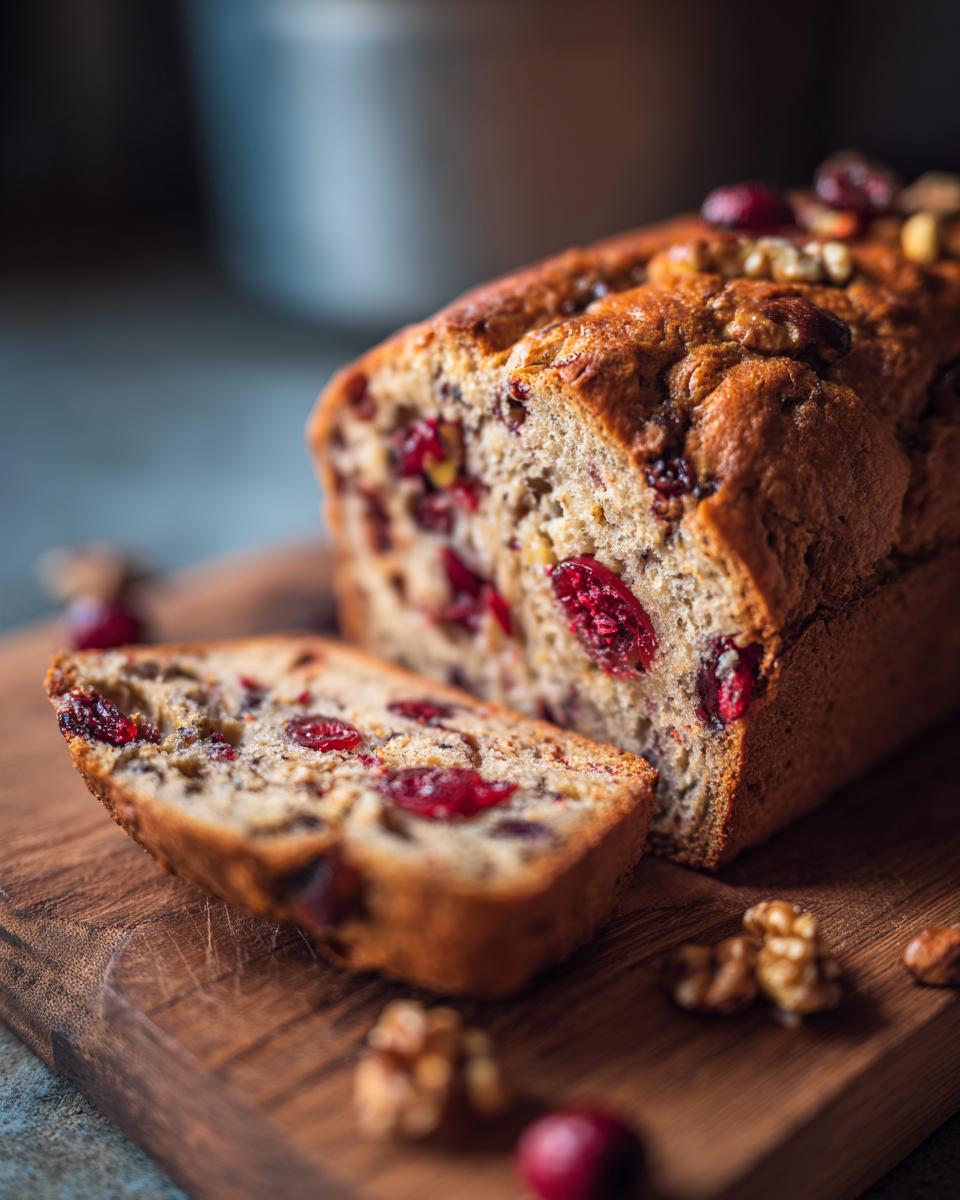 A close-up of a slice of Cranberry Walnut Bread on a wooden cutting board, showing visible cranberries and walnuts.