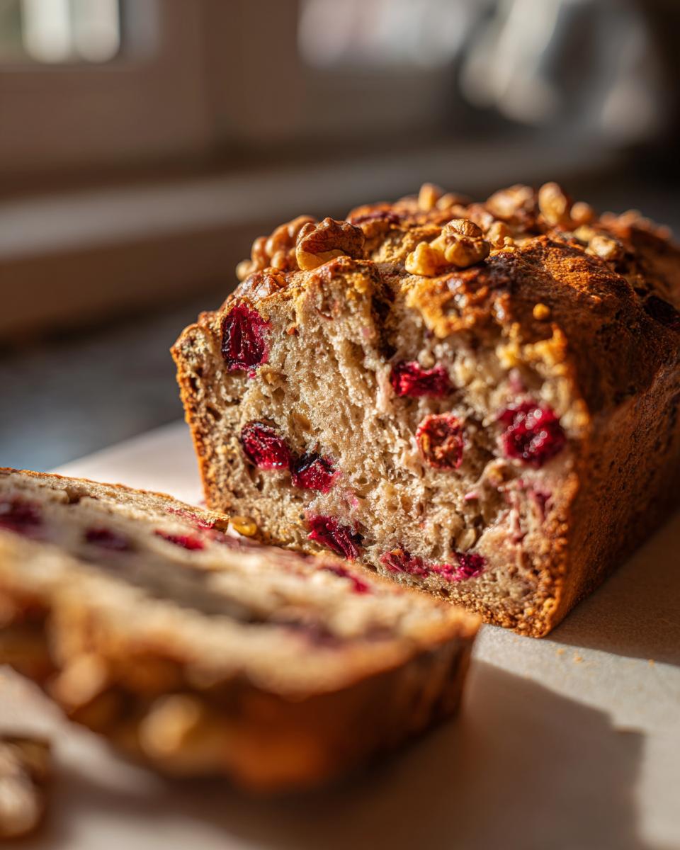 Close-up of a slice of Cranberry Walnut Bread, showing plump cranberries and crunchy walnuts within the moist crumb.