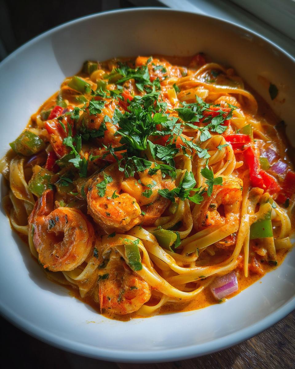 A close-up of Creamy Cajun Shrimp Pasta with fettuccine, shrimp, bell peppers, and red onion, garnished with parsley.