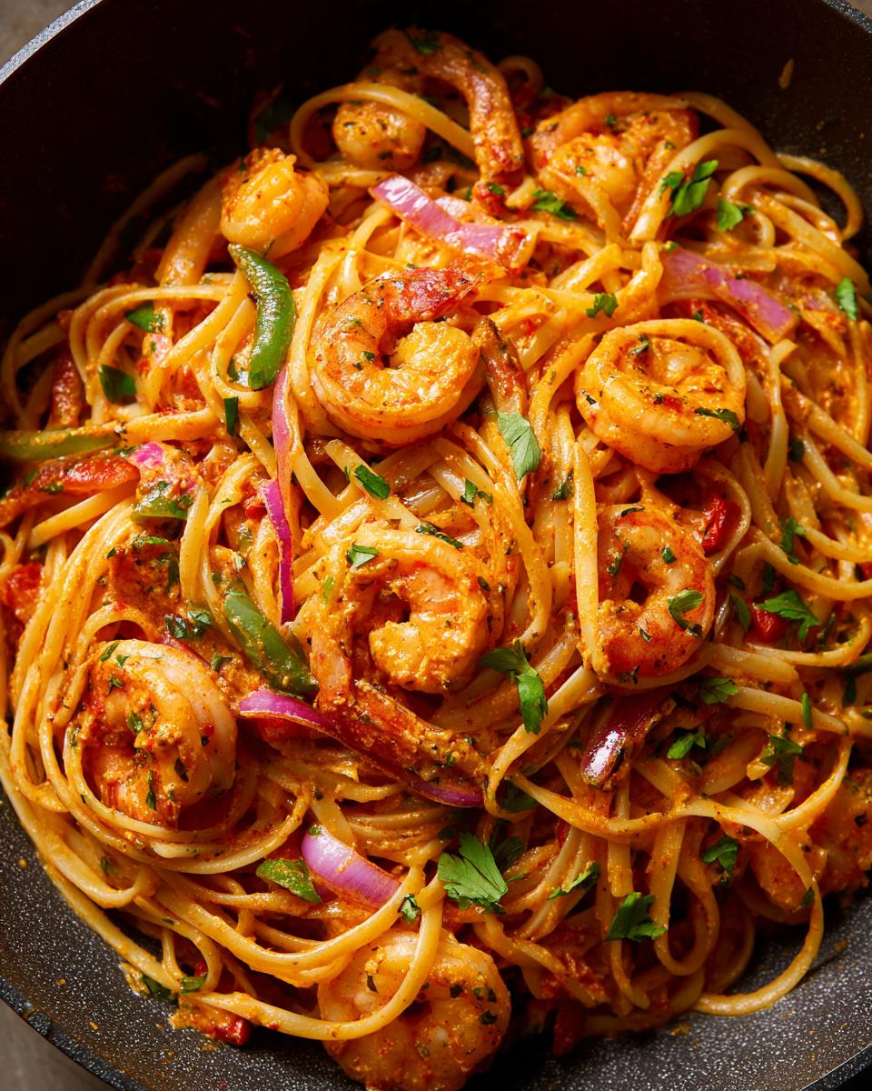 A close-up overhead view of a pan filled with Creamy Cajun Shrimp Pasta, featuring linguine, plump shrimp, red onion, and green bell pepper.