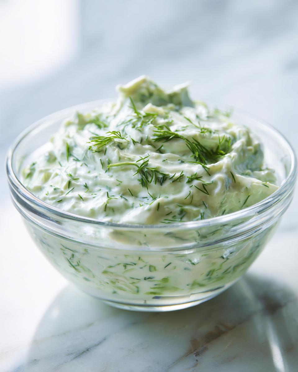 Close-up of a clear glass bowl filled with creamy Cucumber Dill Yogurt Dip, generously garnished with fresh dill.