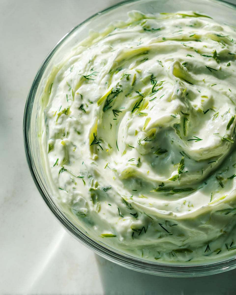 Close-up of a creamy Cucumber Dill Yogurt Dip in a glass bowl, with visible dill and cucumber pieces.