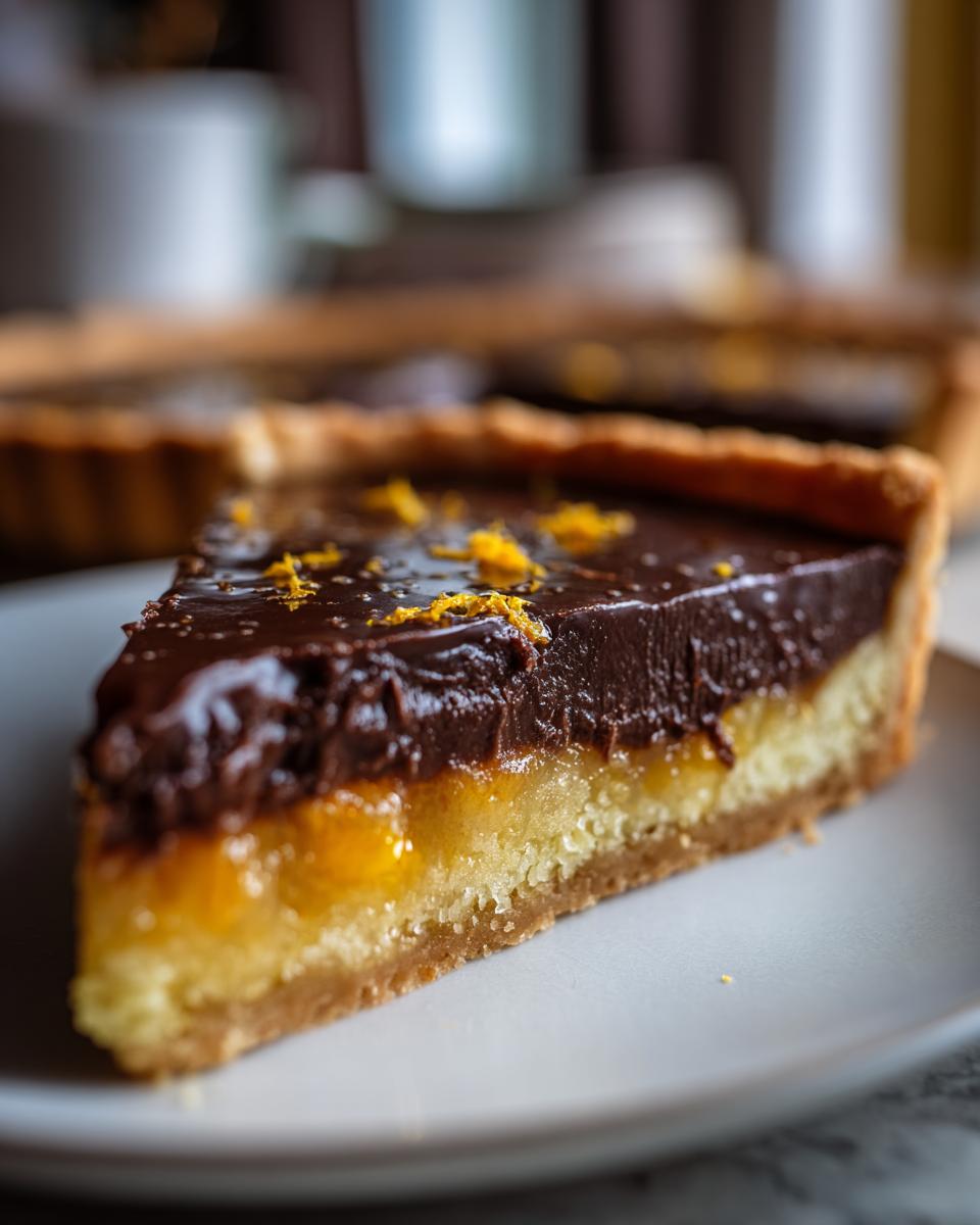 A slice of Dark Chocolate Orange Tart on a white plate, topped with orange zest.