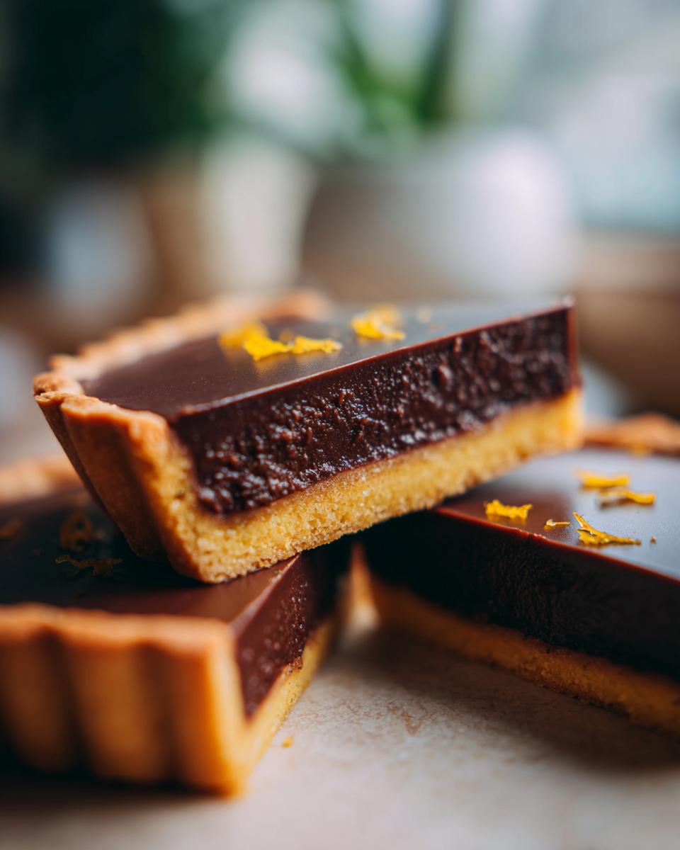 Close-up of two slices of Dark Chocolate Orange Tart, showcasing the rich chocolate filling and crisp pastry crust, garnished with orange zest.