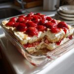 A close-up of a Fresh Strawberry Tiramisu in a glass baking dish, layered with ladyfingers, cream, and fresh strawberries.