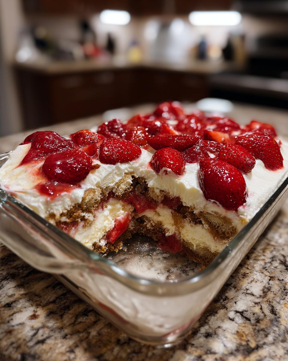 A close-up of a Fresh Strawberry Tiramisu in a glass dish, with layers of ladyfingers, cream, and fresh strawberries.