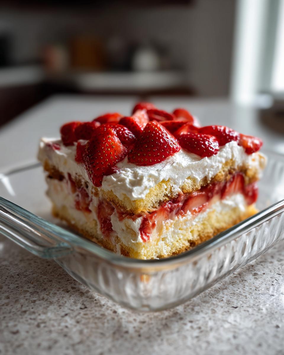 A delicious slice of Fresh Strawberry Tiramisu, layered with cake, cream, and fresh strawberries.